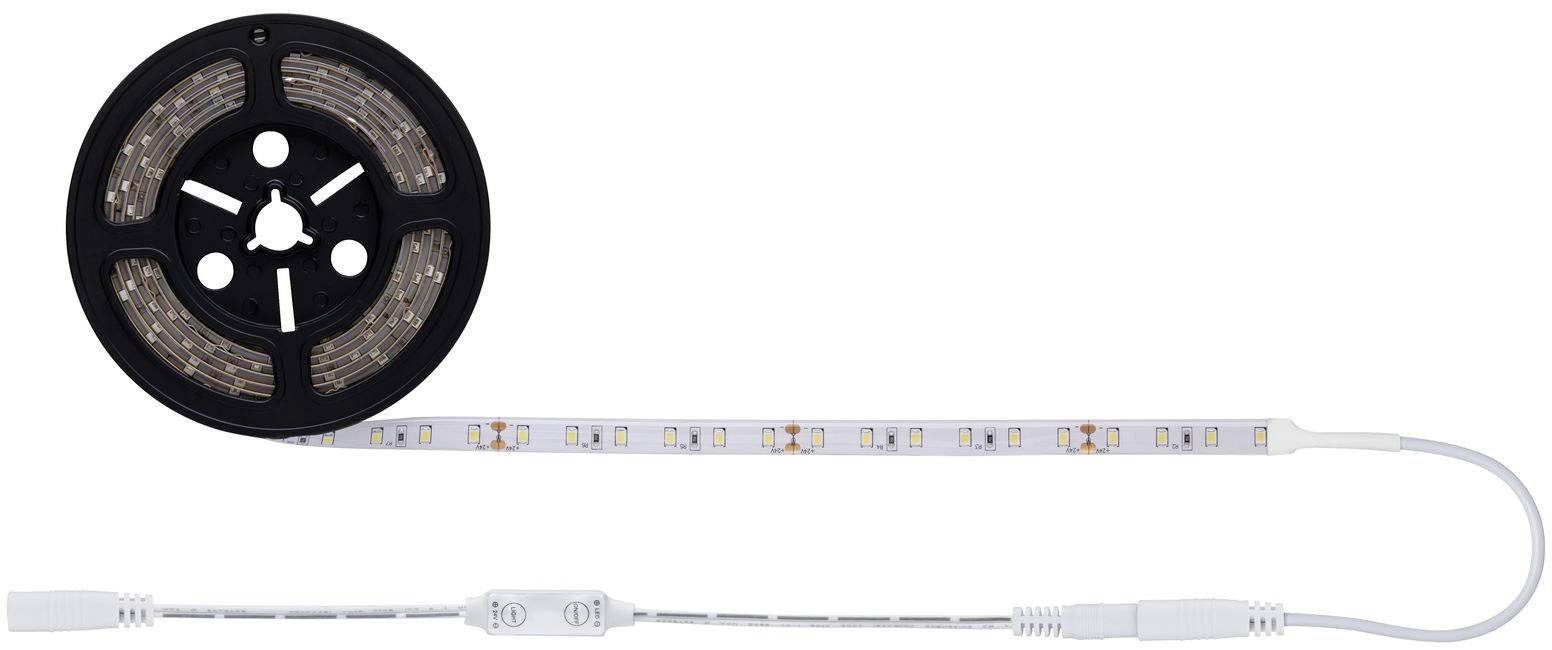 En LED-remsa upprullad på en svart spole med ett övergående parti som visar LEDs i olika färger.