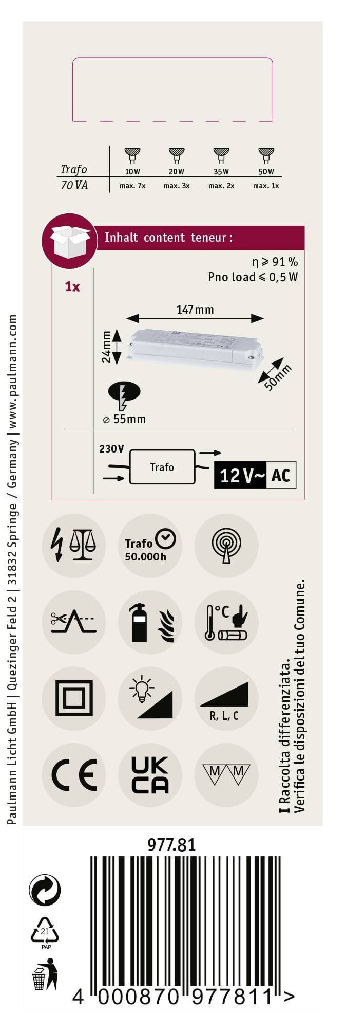 Förpackningsetikett för en 12 V AC enhetsboxlampa med ikoner för energieffektivitet och säkerhetscertifikat, inklusive streckkod.
