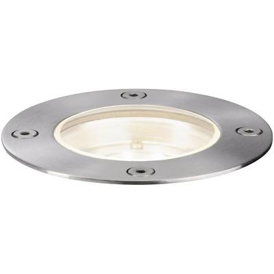 Markbelysning i metall med rund, platt design och glasskydd, lämplig för utomhus- eller markbelysning.