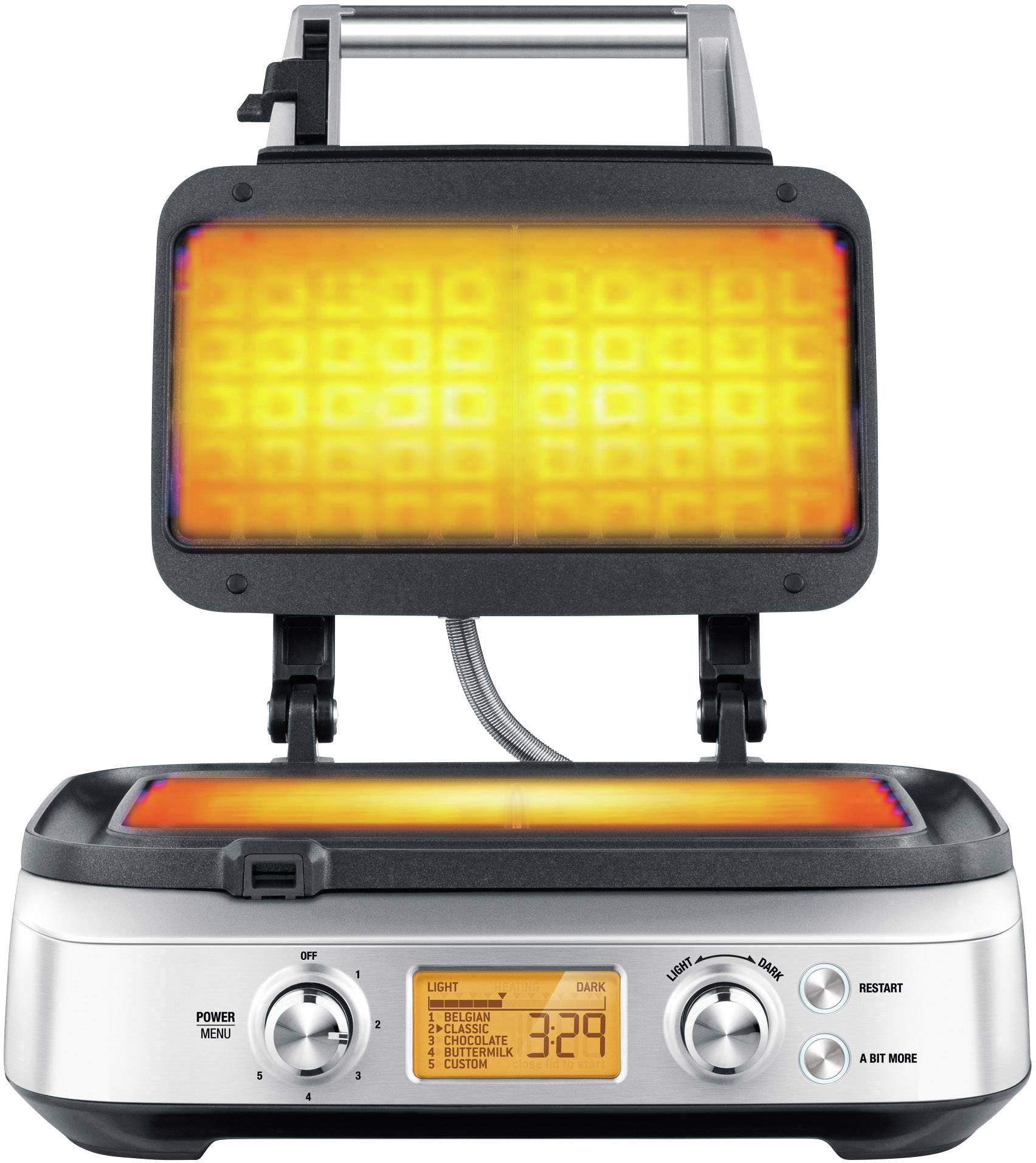 En öppnad elektrisk grill med glödande värmeelement och en digital display som visar temperatur och inställningar.