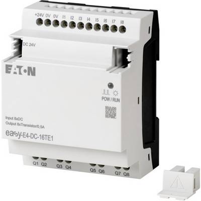 En industristyrning från Eaton av modell 'easyE4-DC-16TE1', visar ingångs-/utgångsanslutningar och statusindikationer på framsidan.