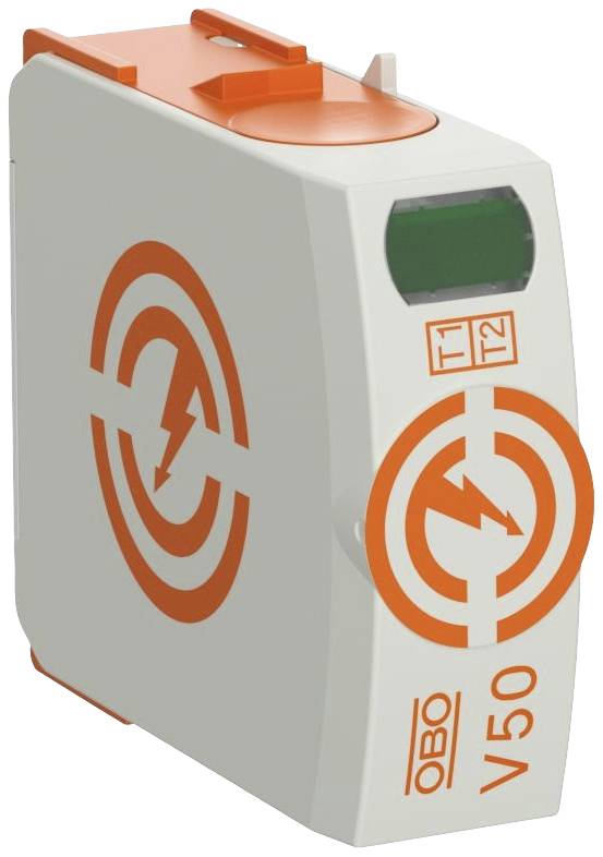 En överspänningsskyddsanordning med orange-vita symboler och texten 'OBO V50' på framsidan.