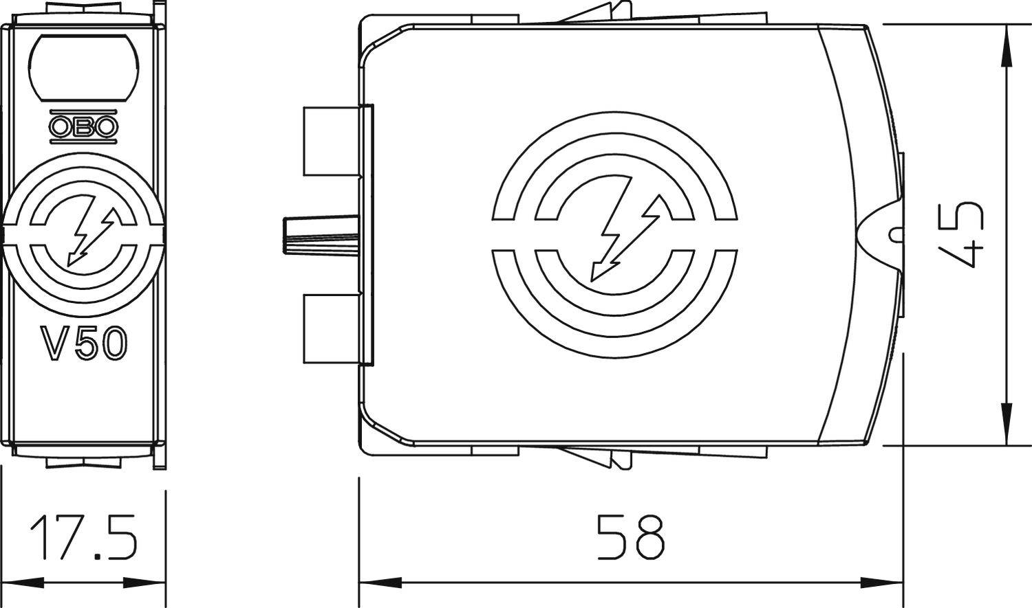 Teknisk ritning av en komponent med mått: 17,5 mm bredd, 58 mm längd, 45 mm höjd. Blixtsymbol på ovansidan.