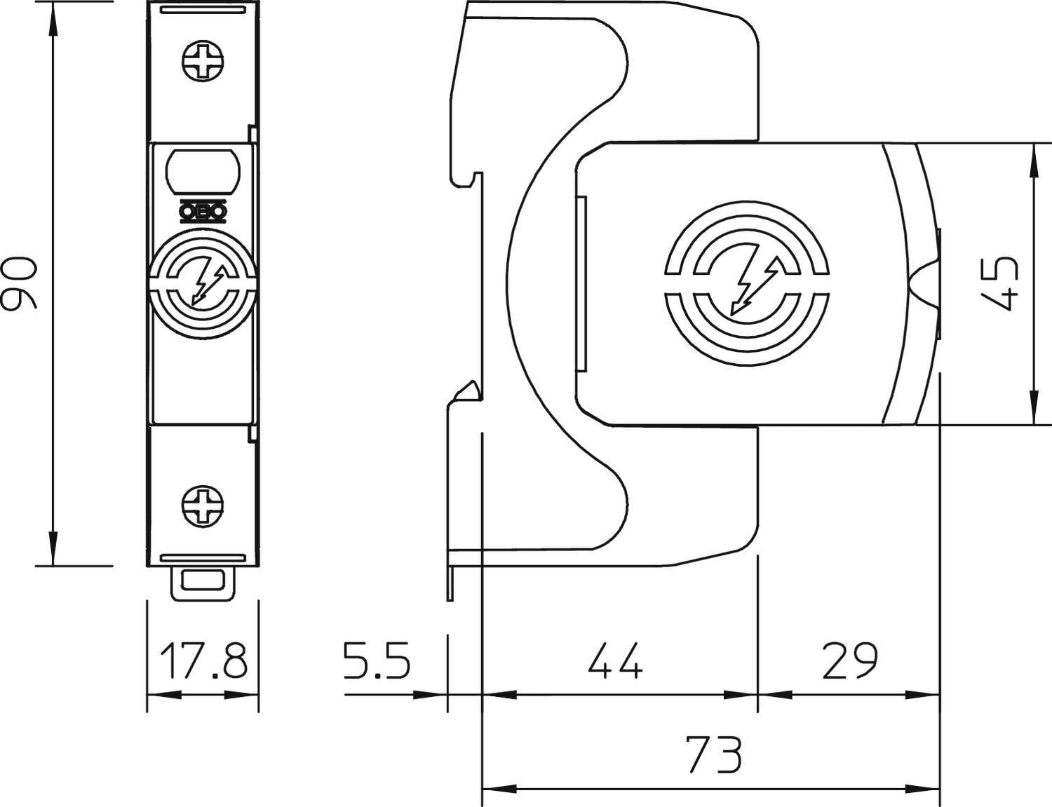 Teknisk ritning av ett gångjärn med mått: 90 mm höjd, 73 mm bredd, övriga mått 44 mm, 29 mm, 17,8 mm och 5,5 mm.
