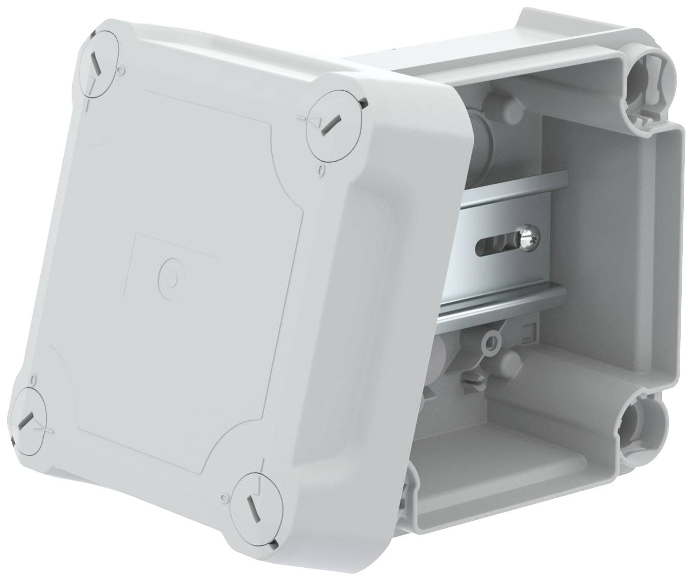 Grått elektriskt kopplingsbox, öppnat, visar invändig vy med DIN-skena och kabelgenomföringar på alla sidor.