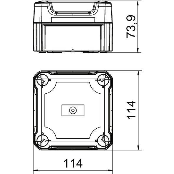 Teknisk ritning av ett kvadratiskt hölje med dimensionerna 114 mm bredd och 73,9 mm höjd. Över- och sidovy visas.