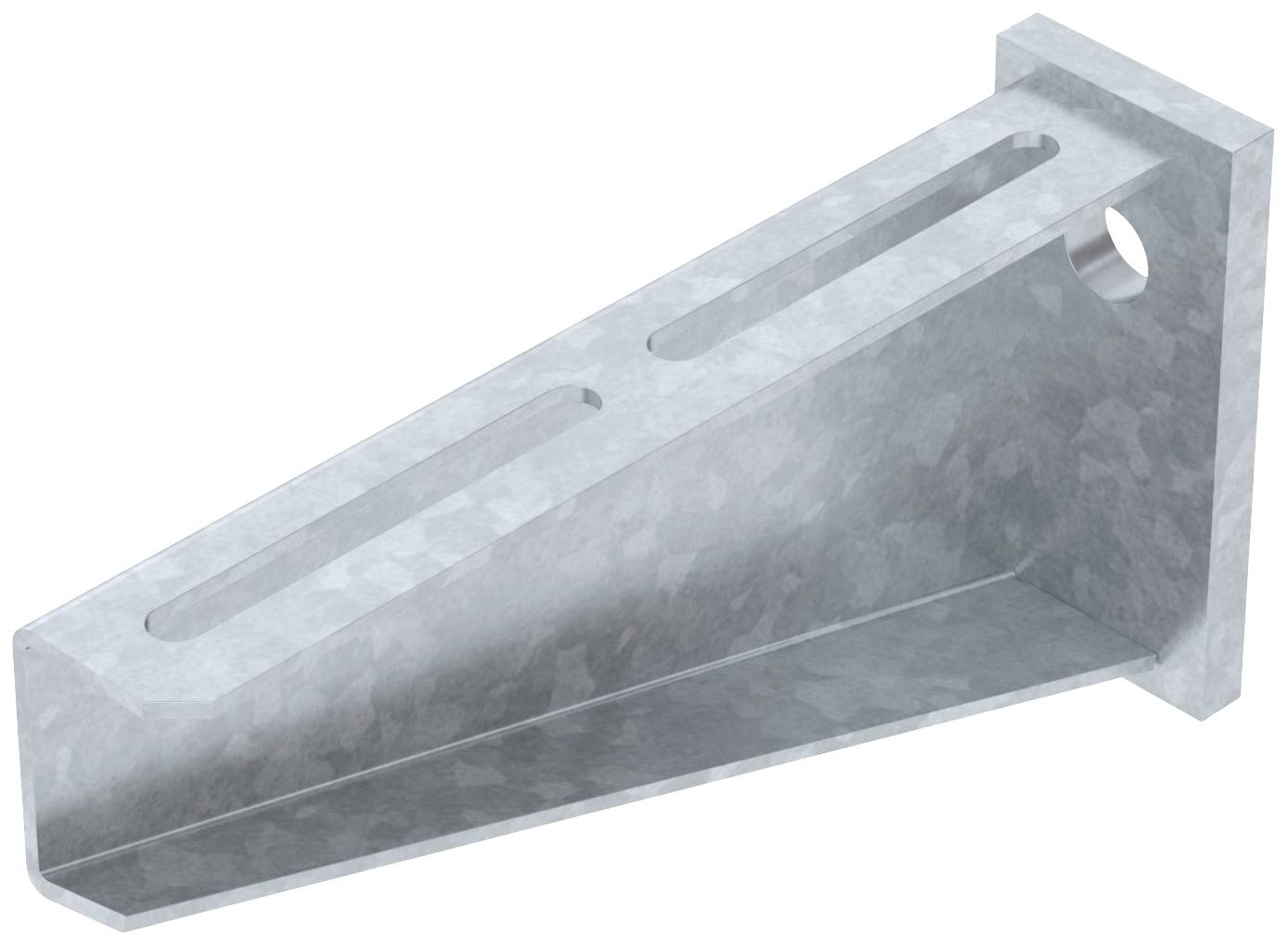 Metallvinkelbeslag med två avlånga hål och ett rundalt hål för fastsättning, tillverkad av silverfärgat material.