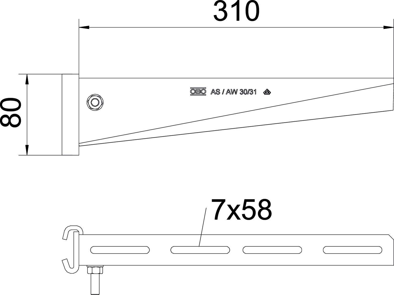 Teknisk ritning av en väggkonsolbärare med mått: längd 310 mm, höjd 80 mm, fästhål 7x58 mm.