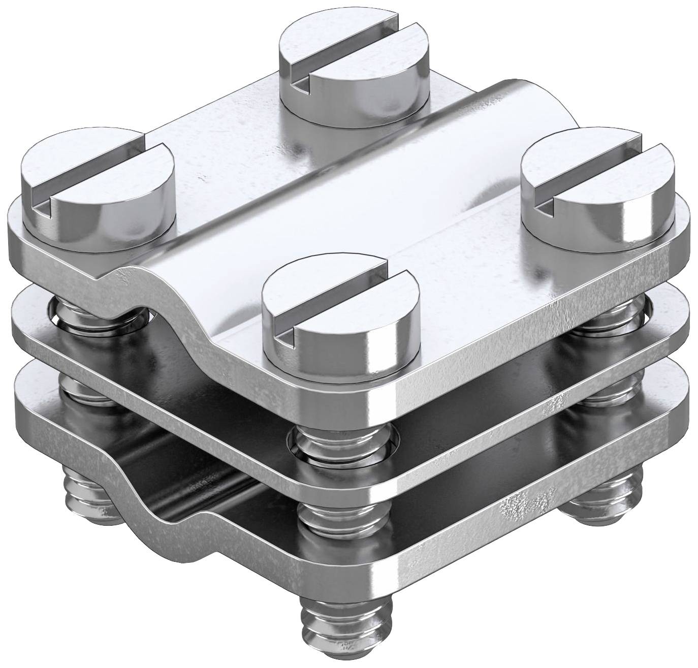 Ett silverfärgat metallobjekt med flera skikt och skruvar. Det har en industriell eller mekanisk funktion.
