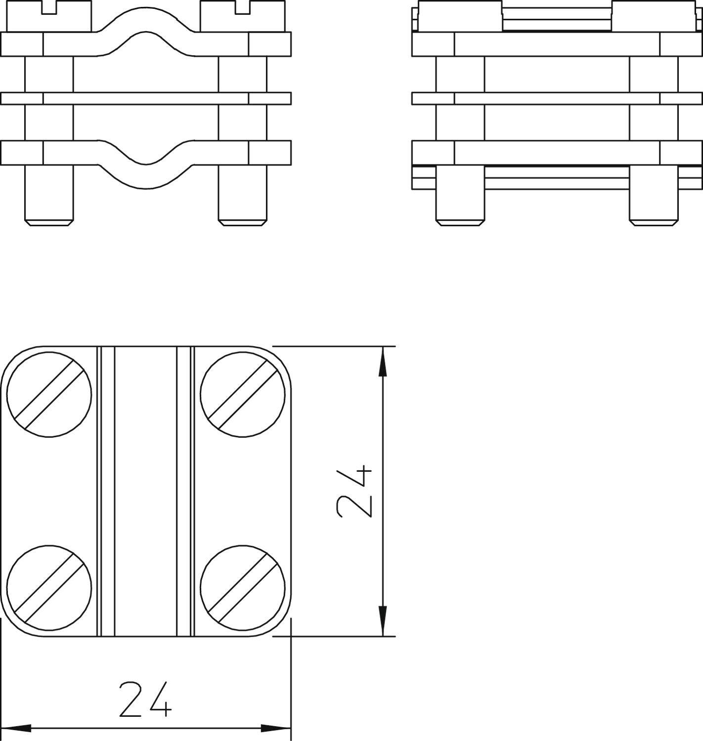 Teknisk ritning av en mekanisk komponent med tre vyer: frontvy, sidovy och ovanifrånvy, var och en med måttangivelser 24x24 mm.