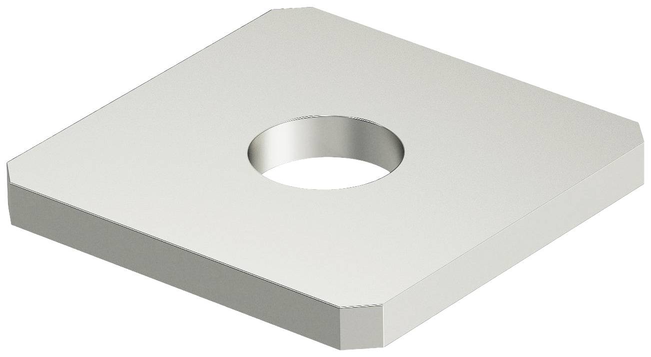 Fyrkantig metallbricka med centralt hål, något fas på hörnen och slät yta, i silverfärg.