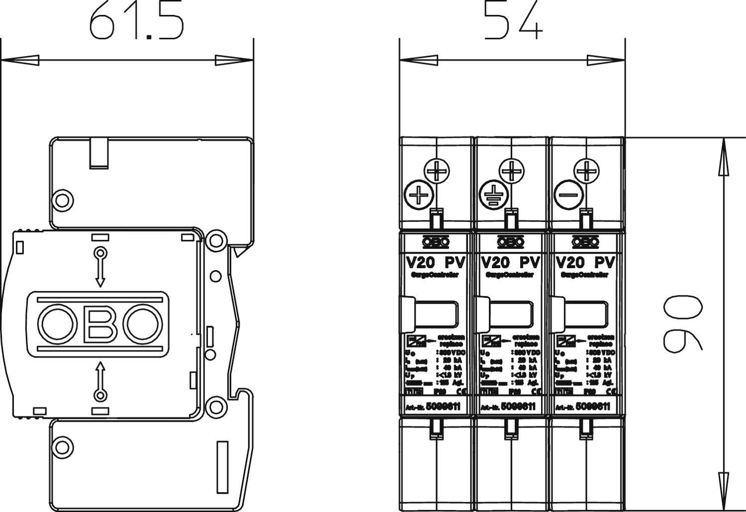 Teknisk ritning av en överspänningsskyddsanordning med dimensioner: bredd 61,5 mm, höjd 90 mm. Märkt med OBO, V20 PV.