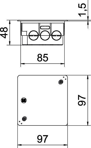 Teknisk ritning av en kvadratisk komponent. Ovansidan visar tre cirkelformade öppningar. Mått: 97x97 mm, höjd 48 mm, övriga mått markerade.