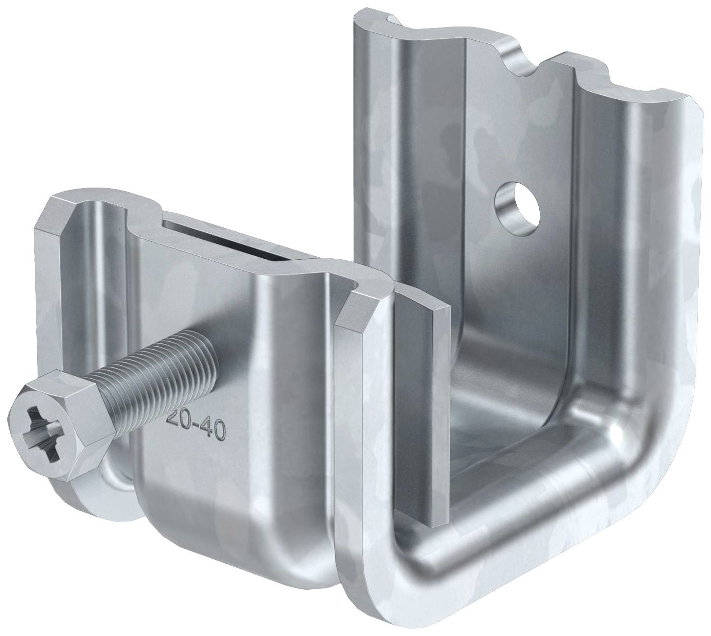 Metallisk fäste med skruv, lämplig för strukturerade monteringssystem. Hål för skruvförbindning på baksidan av fästet.