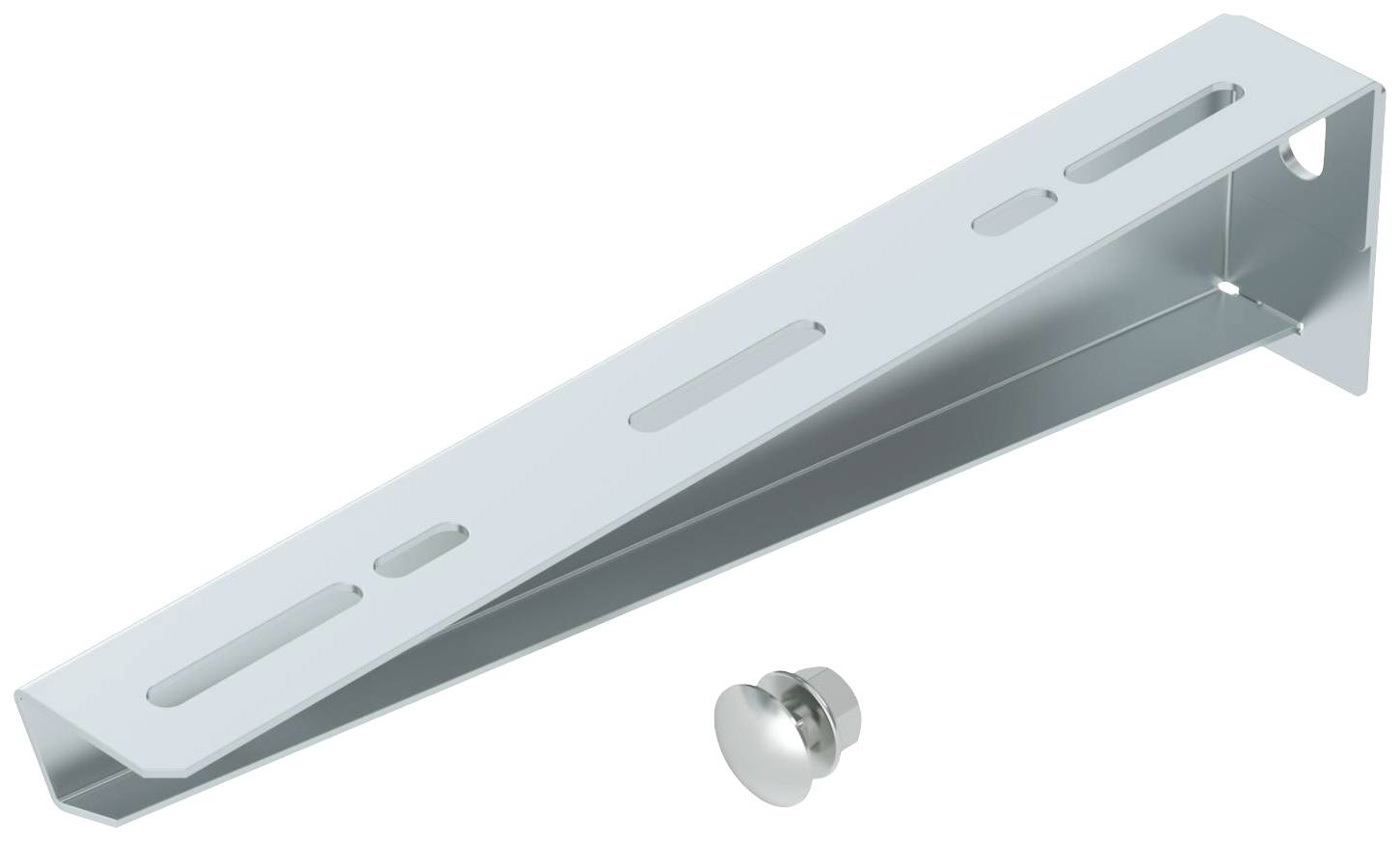 Metallvinkelbeslag med flera spår för montering, medföljande skruv bredvid. Lämplig för bärande konstruktioner.