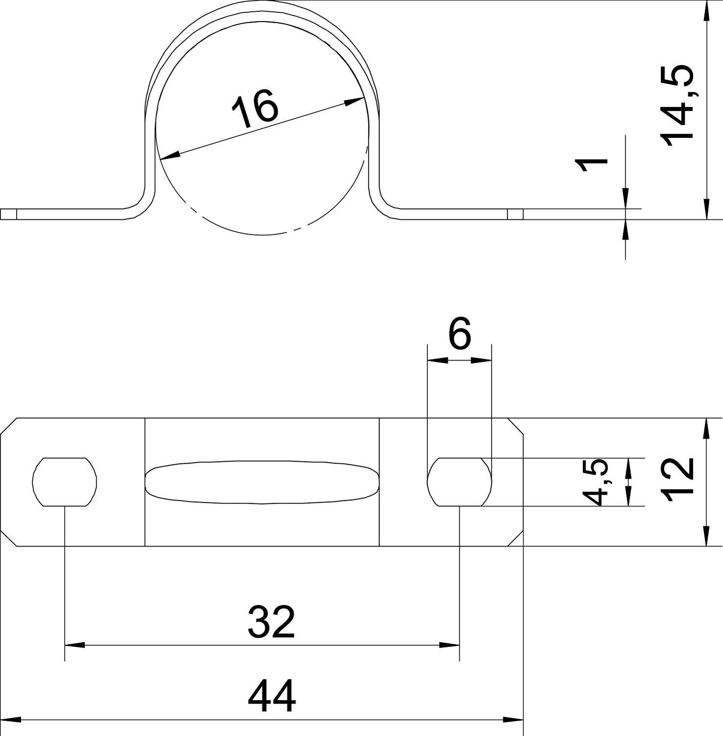 Teknisk ritning av en metallklämma med mått. Ovan: Rundram med 16 mm diameter, 14,5 mm höjd. Nedan: Längd 44 mm, bredd 12 mm, fästhål synliga.