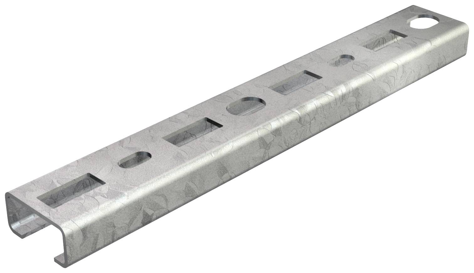 En avlång, förzinkad metallkanal med U-form och flera rektangulära och runda öppningar längs ovansidan.