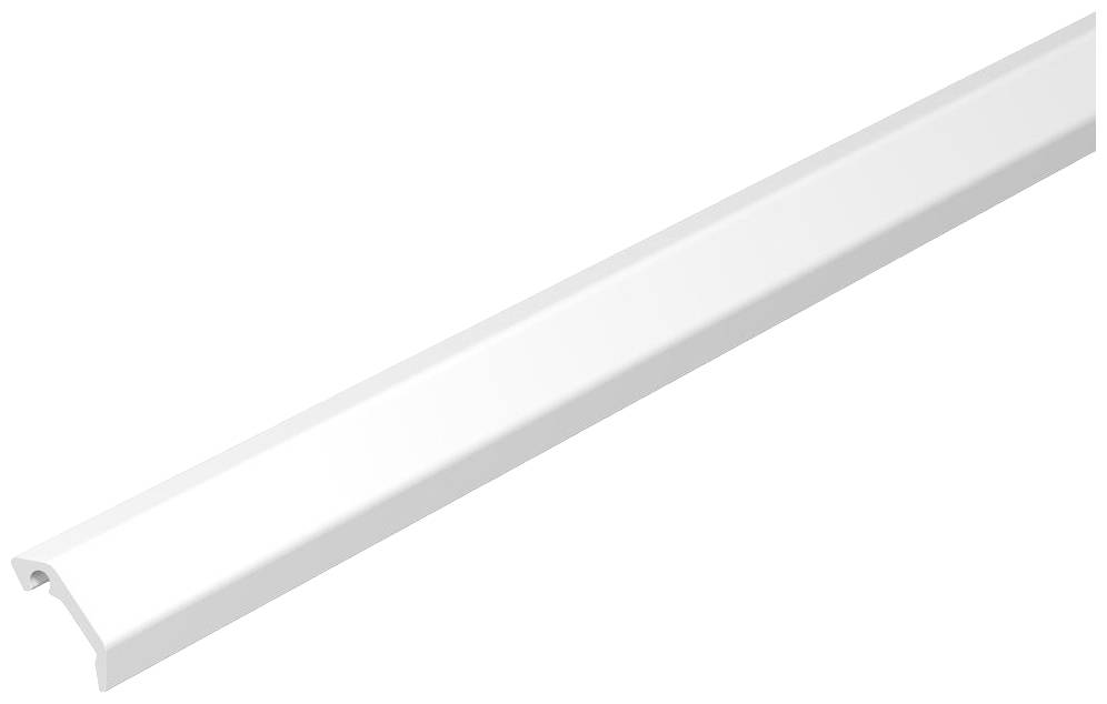 Vit plastlist, lång och smal, med ett hack på undersidan.