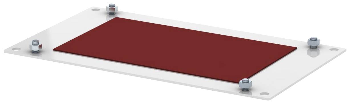 Rektangulär metallplatta i mitten av en större transparent skiva, säkrad med fyra bultar i hörnen.