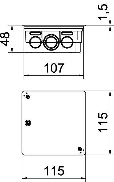 Teknisk ritning av ett rektangulärt hölje med exakta mått: 48 mm högt, 107 mm brett och 115 mm djupt.