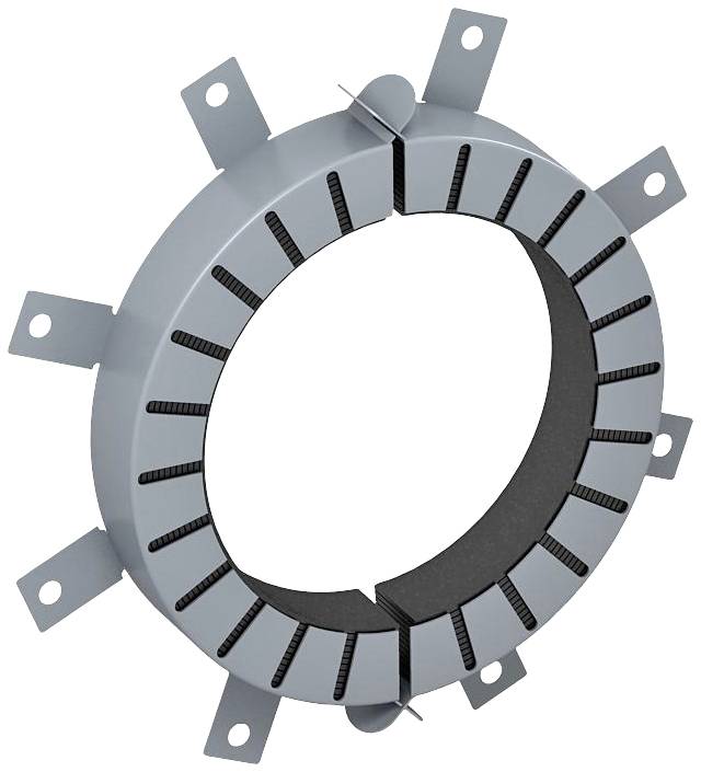Metallring ofta med flikar och flexibel innerbekädnad för fästning. Möjlig komponent i mekaniska eller elektrotekniska tillämpningar.
