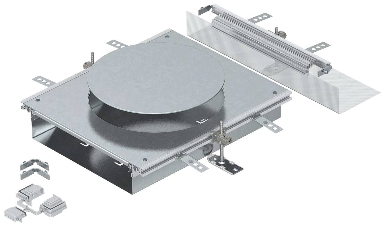 Metallisk underkonstruktion med ett runt ventilationsskyddslock och olika monteringstillbehörsdelar.