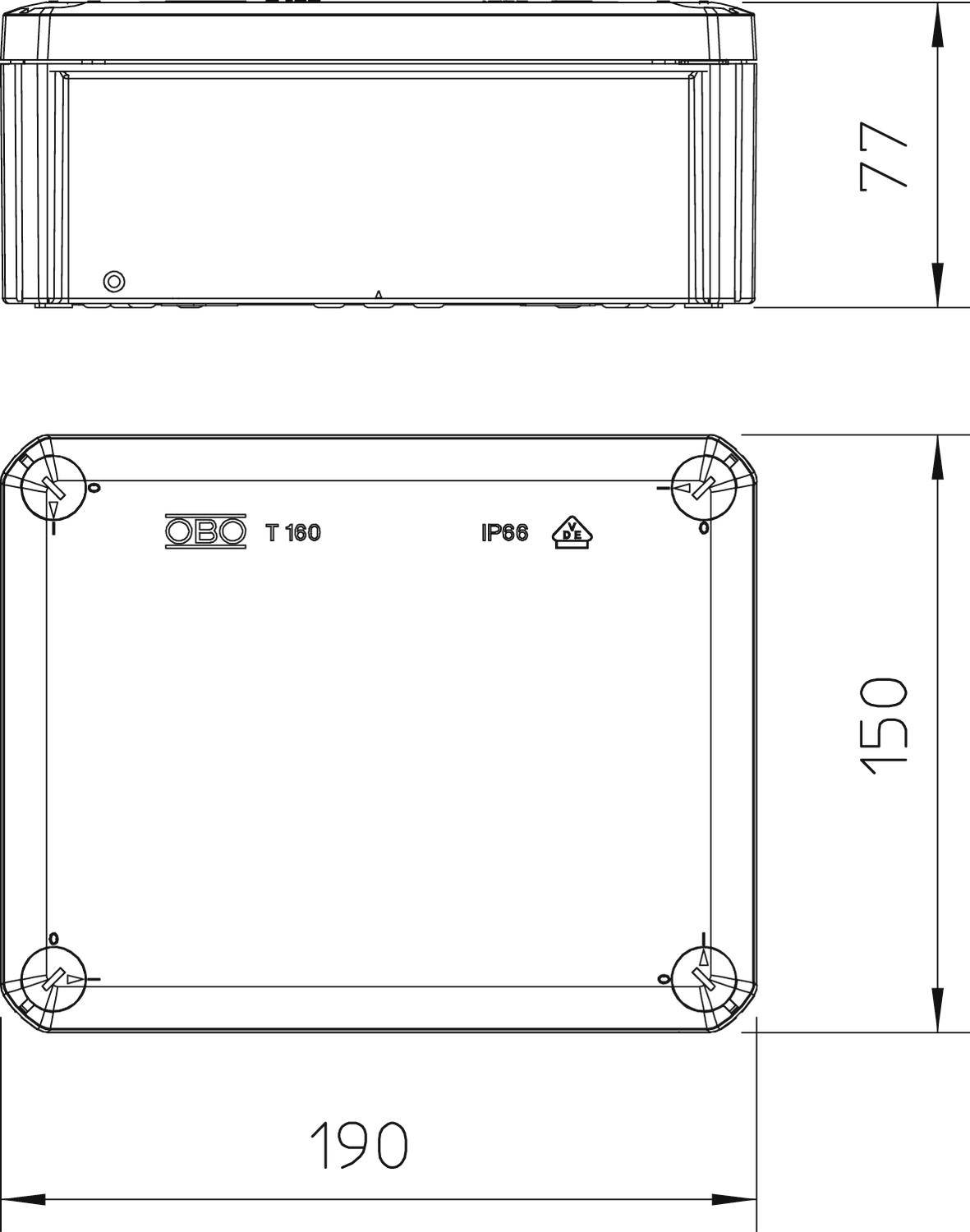 Teknisk ritning av ett rektangulärt hölje med dimensionerna 190 mm x 150 mm x 77 mm. Visar över- och sidovy. IP68-certifierad.