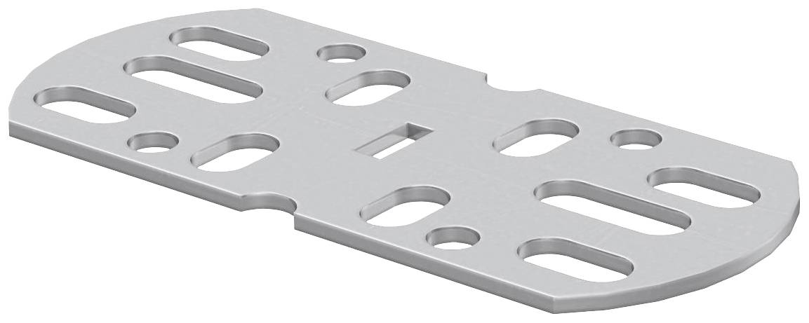 Metallplatta med ovala och runda urtag, sannolikt avsedd för fästning i ett konstruktionssystem.