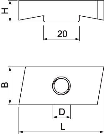 Teknisk ritning av en komponent med mått: bredd 20 mm, längd L, höjd H, diameter D. Rektangulär form med central borr.