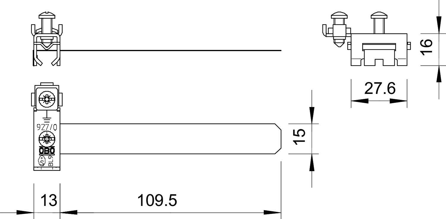 Teknisk ritning med dimensioner: Längd 109,5, Höjd 16, Bredd 27,6. Sido- och frontvy av en mekanisk komponent.