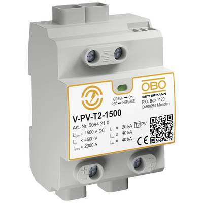 Överspänningsskyddsapparat från OBO Bettermann, modell V-PV-T2-1500, med uppgifter om spänning och strömstyrka på etiketten.