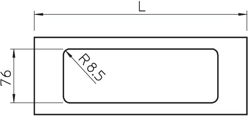 Skiss av ett rektangulärt objekt med avrundade hörn, märkt 'R8.5'. Det har en höjd på 76 och en bredd på 'L'.