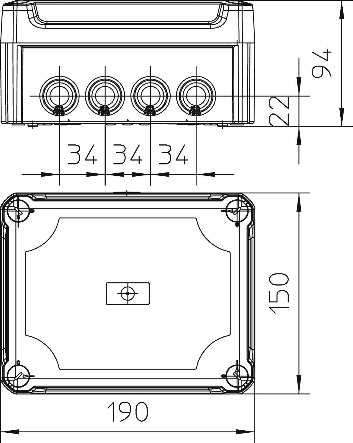 Teknisk ritning av ett rektangulärt hölje med följande mått: höjd 94 mm, bredd 190 mm, djup 150 mm. Fyra runda öppningar på framsidan.