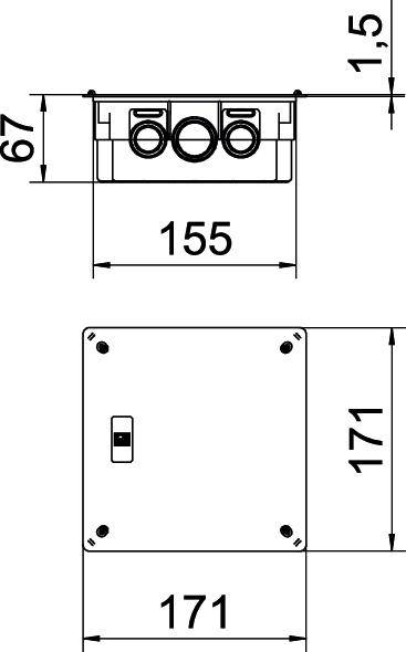 Teknisk ritning av en rektangulär enhet med mått: bredd 155 mm, höjd 171 mm, djup 67 mm. Innehåller omkopplare och anslutningar.