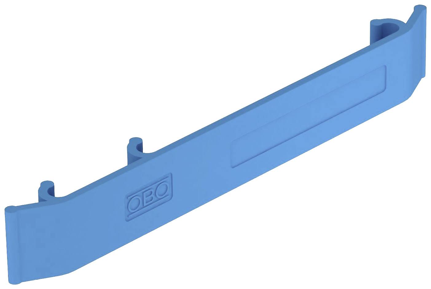 En blå kabelklämma av plast med logotypen 'OBO', avsedd för fästning och organisering av kablar.