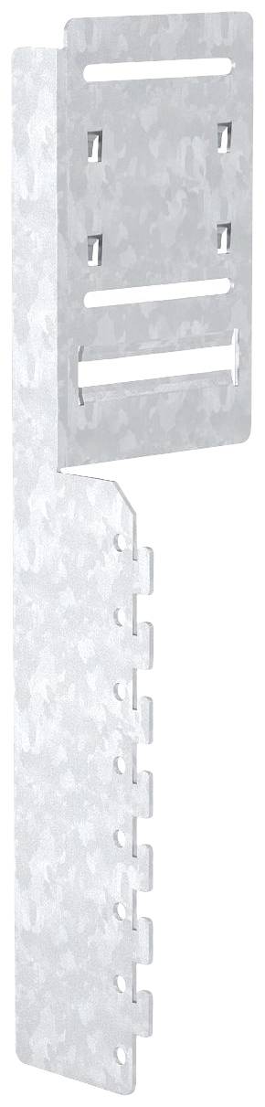 Metallisk takvinkel med flera hål och slitsar för montering. Lämpad för fastsättning eller stabilisering av strukturer.