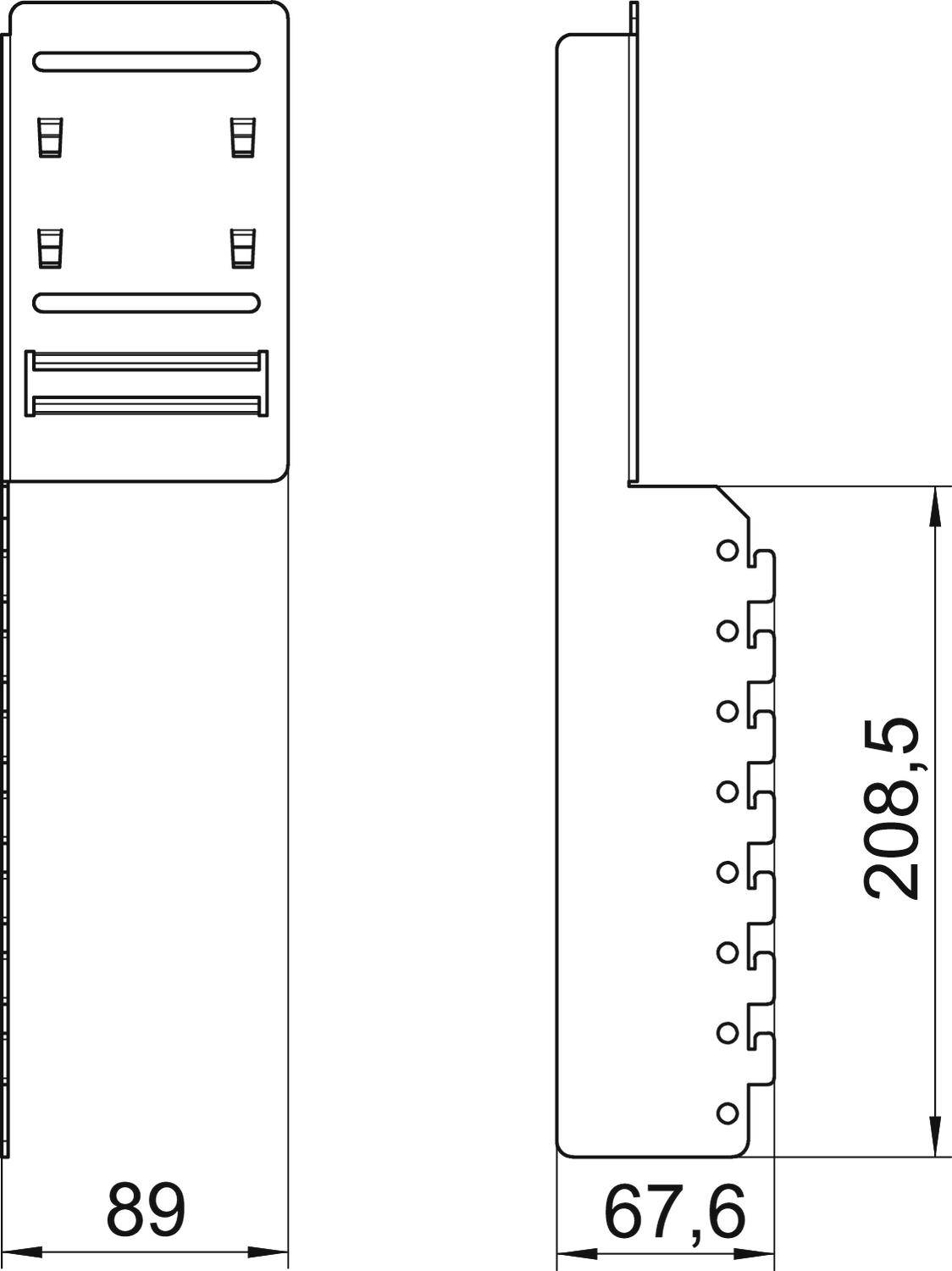 Teknisk ritning av en komponent med mått: Bredd 89 mm, höjd 208,5 mm. Sidovy visar bredd på 67,6 mm, detalj av strukturen.