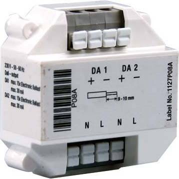 Elektronisk enhet med anslutningsklämmor och märkning 'Label No. 1127P08A', 'DA1', 'DA2'. Används i elektriska installationer.
