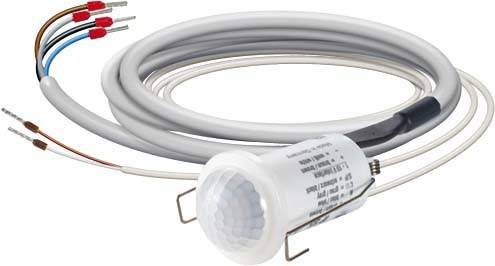 Rörelsesensor med vit sensorhuvud och flera kablar. Idealisk för säkerhets- och belysningsändamål.