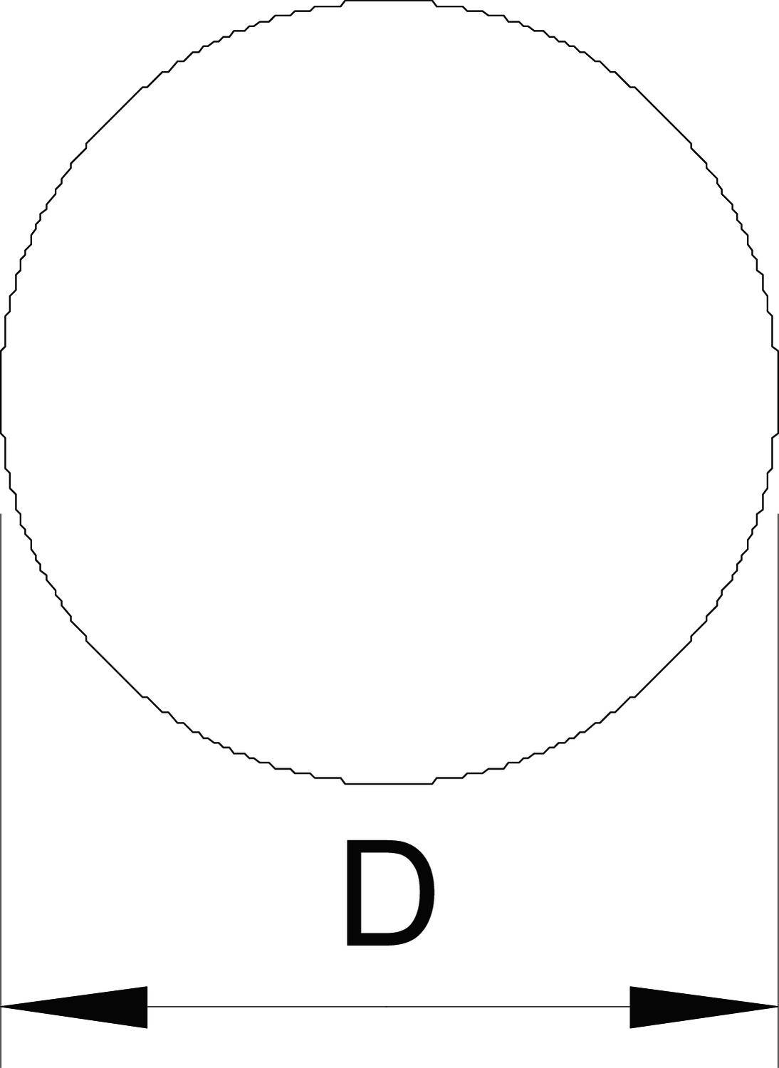 Diagrammet visar en cirkel med en horisontell pil under som anger diametern 'D'.