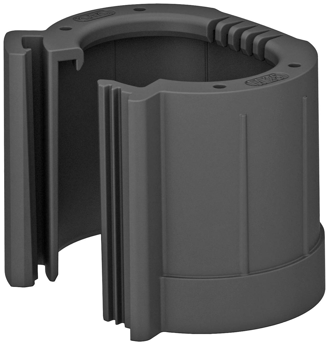 En svart, cylindrisk plastdetalj med räfflad och slät design, sannolikt en teknisk eller mekanisk komponent.