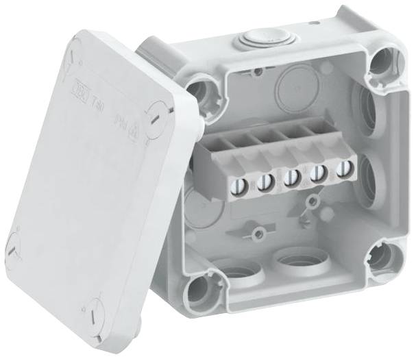 Elektrisk förgreningsbox i plast med avlägsnad lock, synliga klämmor och kabelöppningar på sidorna.