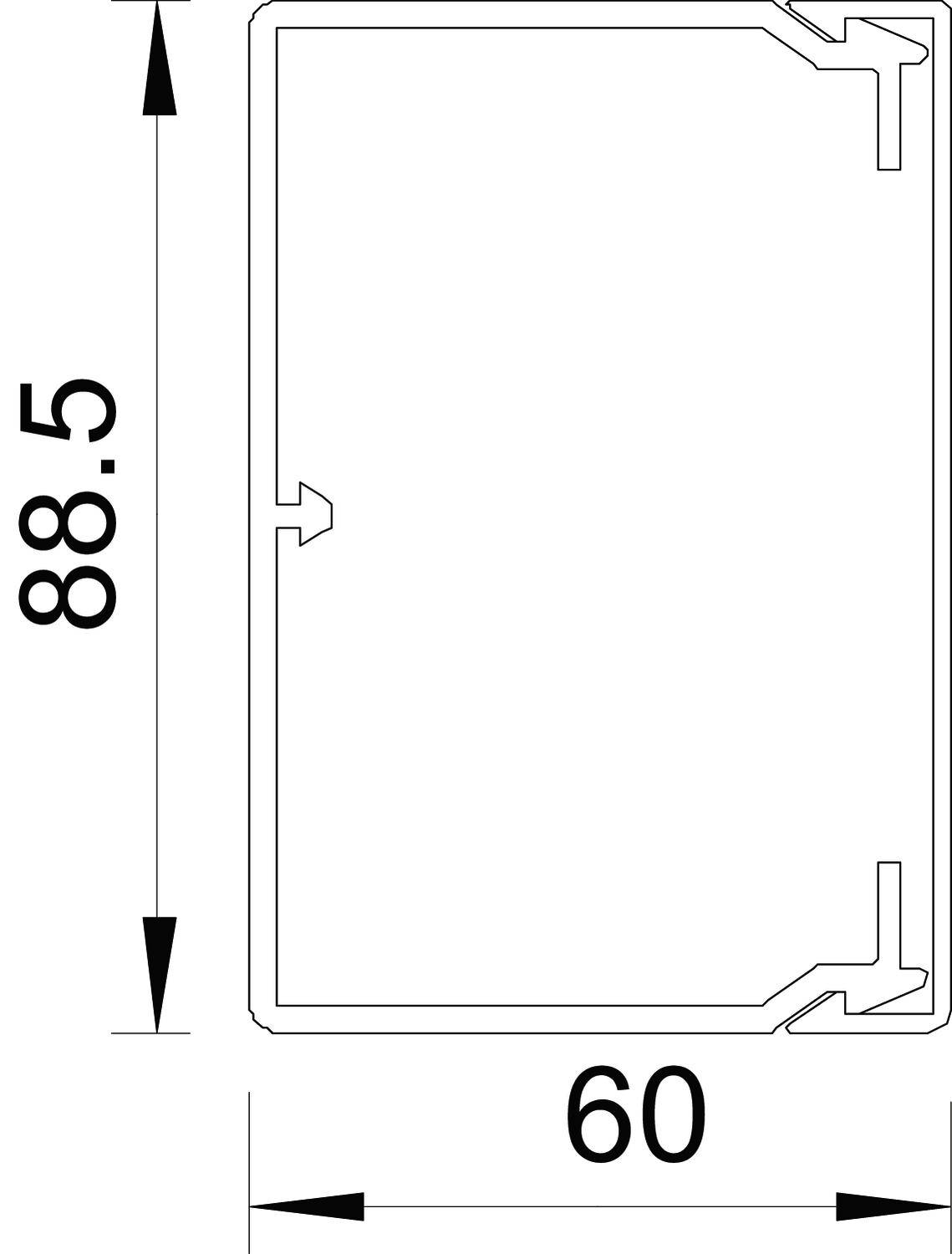 Teknisk ritning av en rektangulär profil. Höjd 88,5 mm, bredd 60 mm. Visar kant- och formdetaljer för profilen.