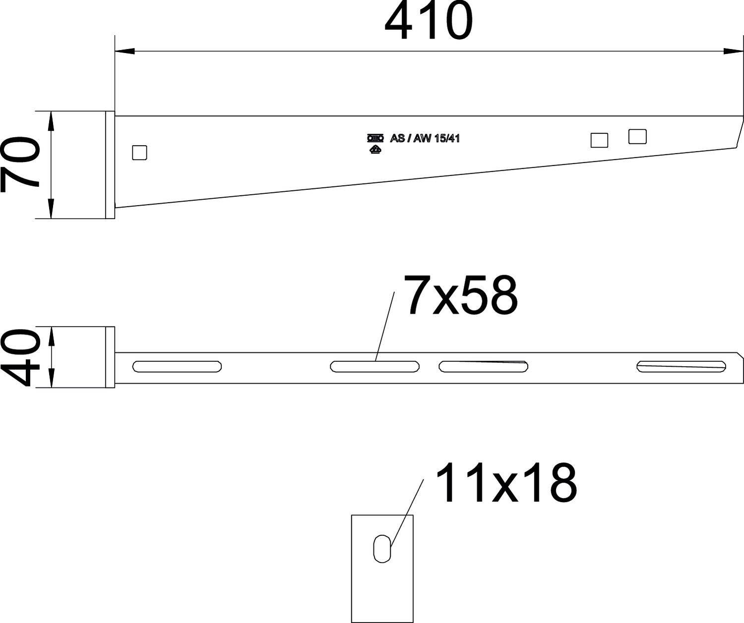 Teknisk ritning av en metallkonsol med mått: 410 mm längd, 70 mm höjd, 40 mm bredd; hål 7x58 mm, 11x18 mm.