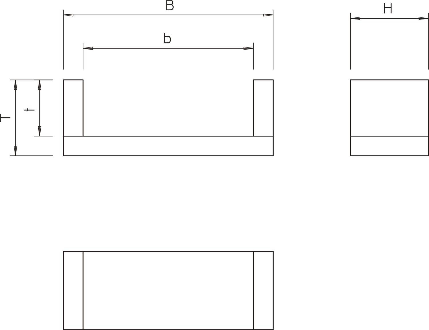 Teknisk ritning av en U-profil med dimensioner 'B', 'b', 'H' och 'T'. Visar framvy, sidovy och ovanifrånvy.
