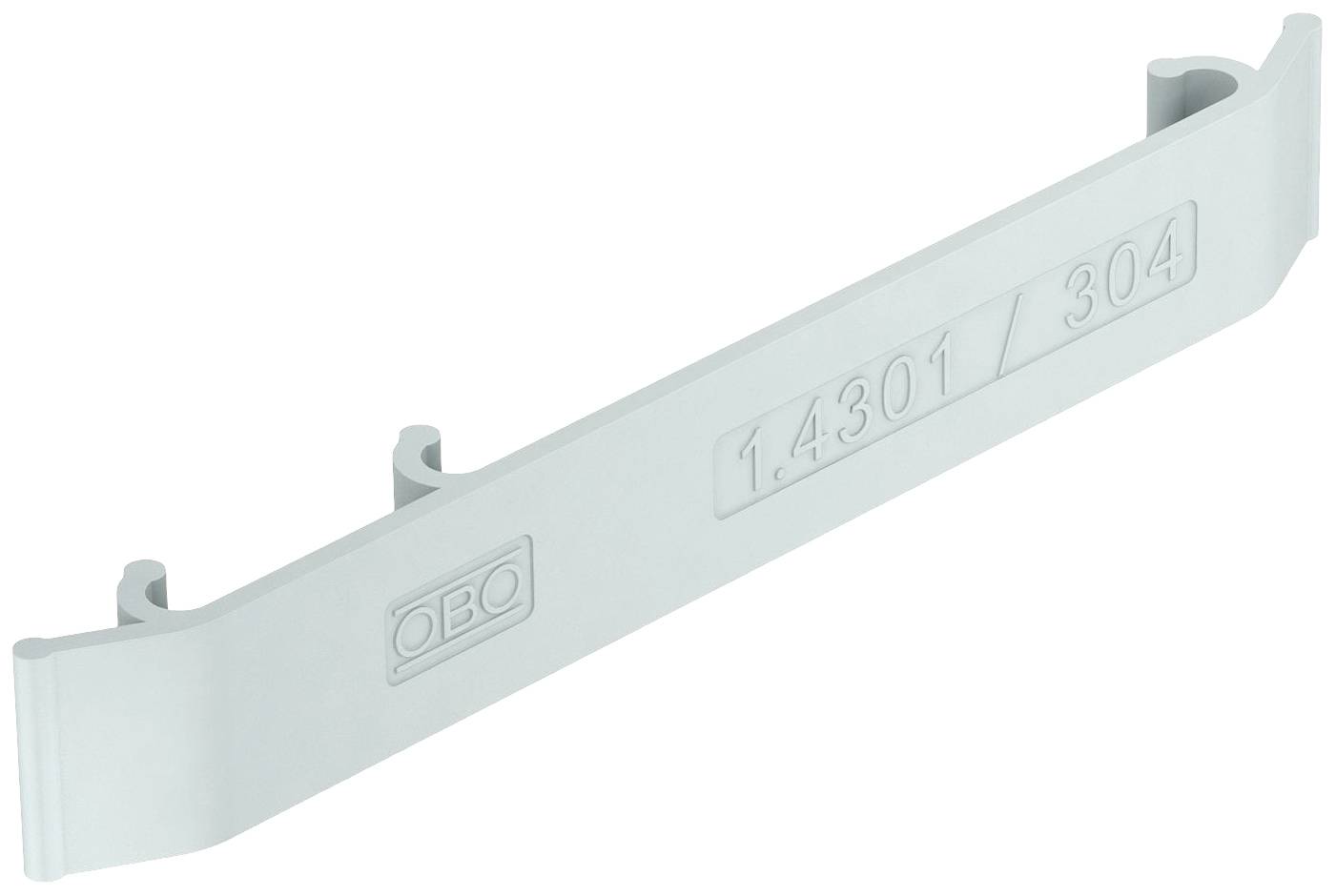 Metalllist med trycket '1.4301 / 304', tillverkarlogotyp 'OBO'.