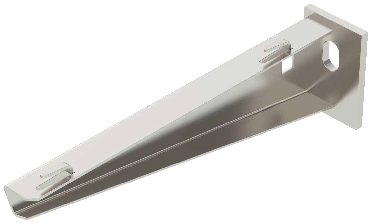 En metallisk hyllbärare med två krokar på ovansidan och en rektangulär anslutning för väggmontering.