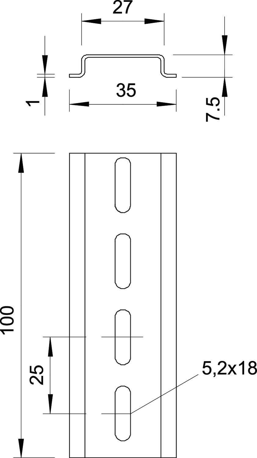 Teknisk ritning av en metallprofil med mått: Bredd 35 mm, höjd 7,5 mm, längd 100 mm. Hål: Diameter 5,2 mm.