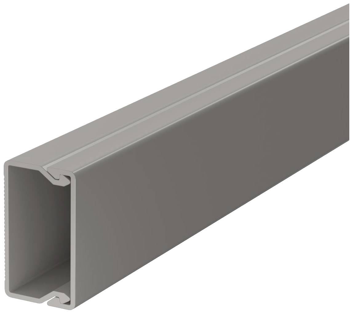 En grå, rektangulär aluminiumsprofil med hålrum, lämplig för strukturella tillämpningar eller rambyggande, sedd snett från sidan.