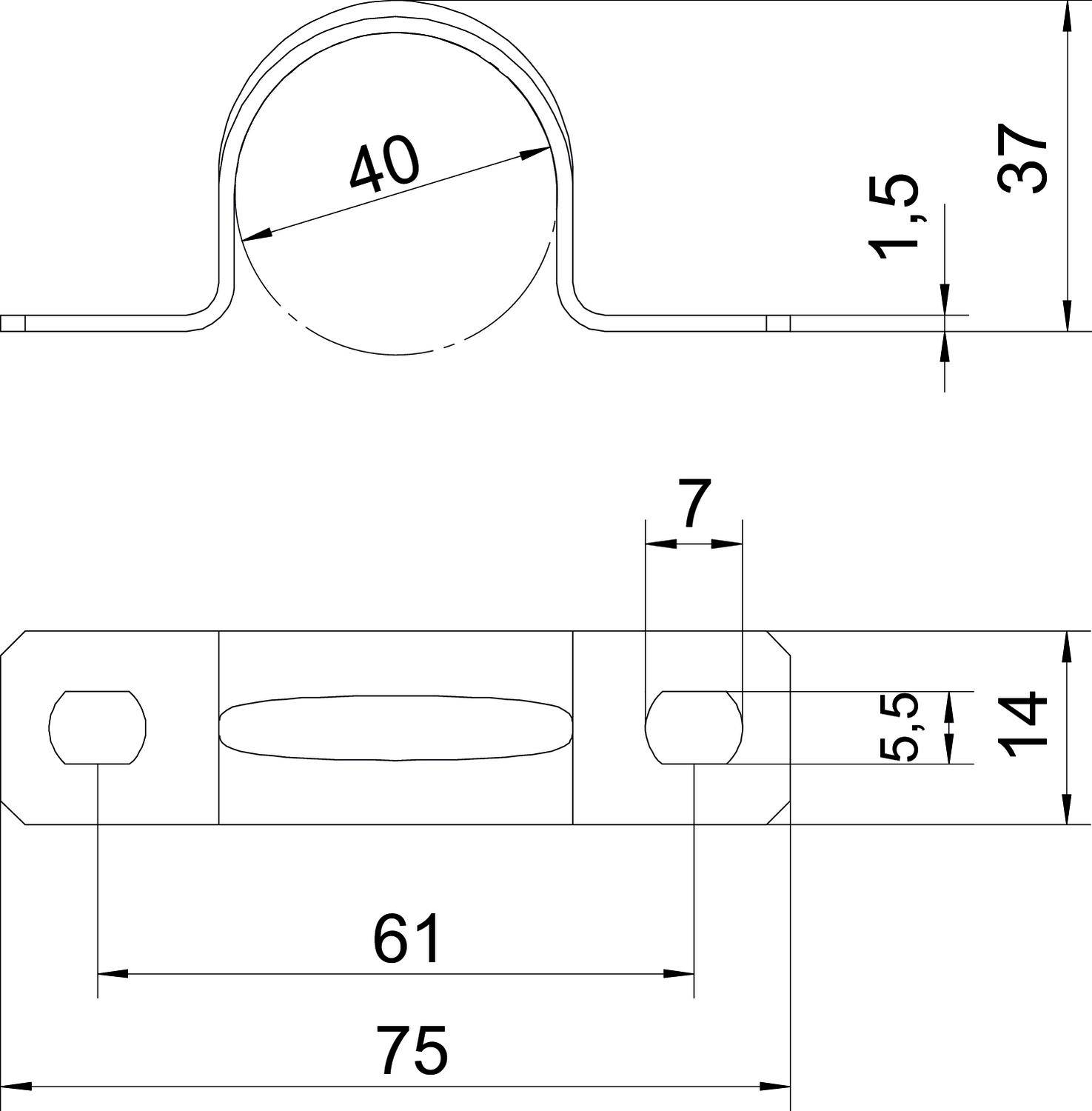 Teknisk ritning av en U-formad metallhållare. Hållaren har en bredd på 75 mm, höjd på 37 mm och diameter 40 mm.